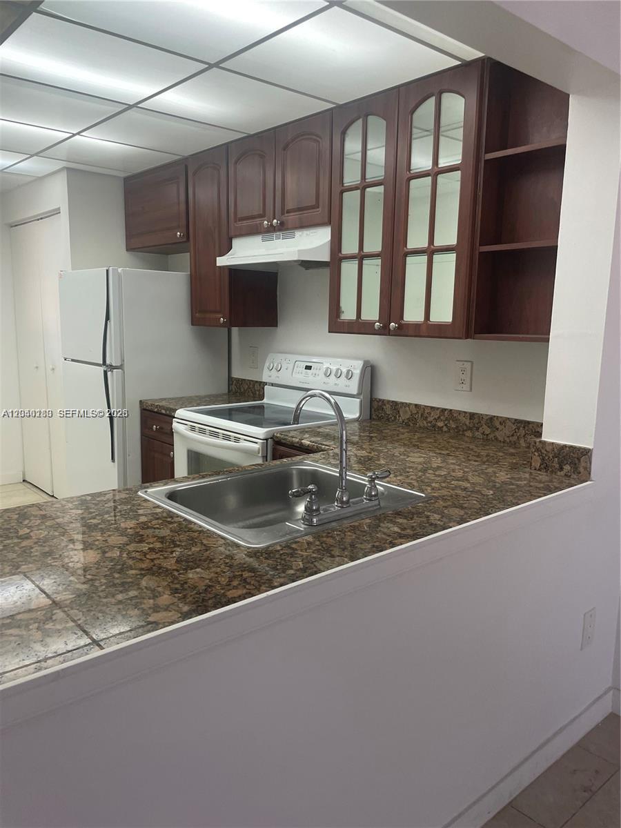 A kitchen features dark wood cabinets, a black electric stove, and speckled granite countertops — 20825 NE 8th Ct # 19, Miami FL 33179, MIAMI, FL