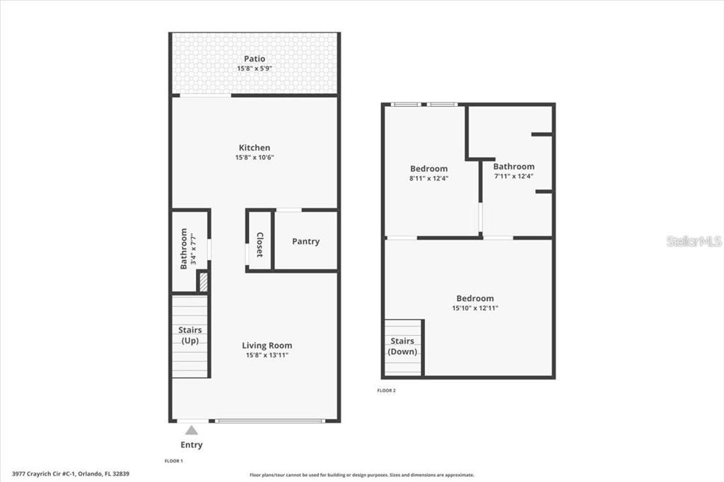 This is a two-story floor plan showing a living room, kitchen, two bedrooms, and two bathrooms — 4008 DOLOMITE STREET UNIT GE, ORLANDO, FL