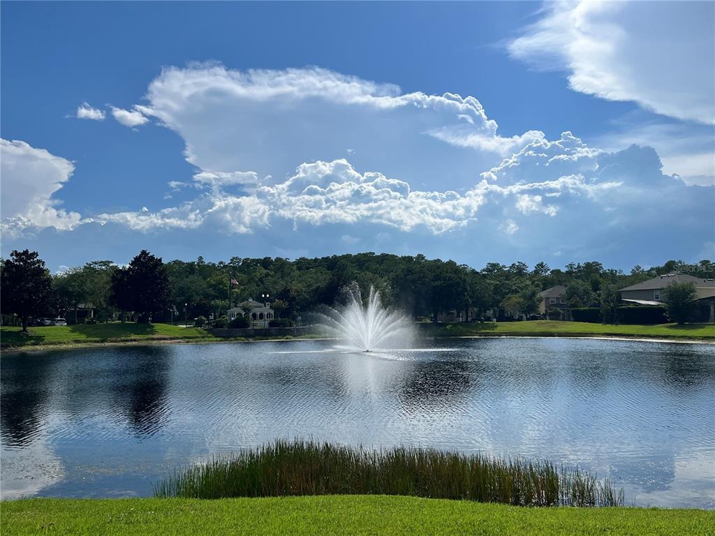 A fountain sprays water in the center of a pond surrounded by trees and grass — 10068 SILVER LAUREL WAY, ORLANDO, FL