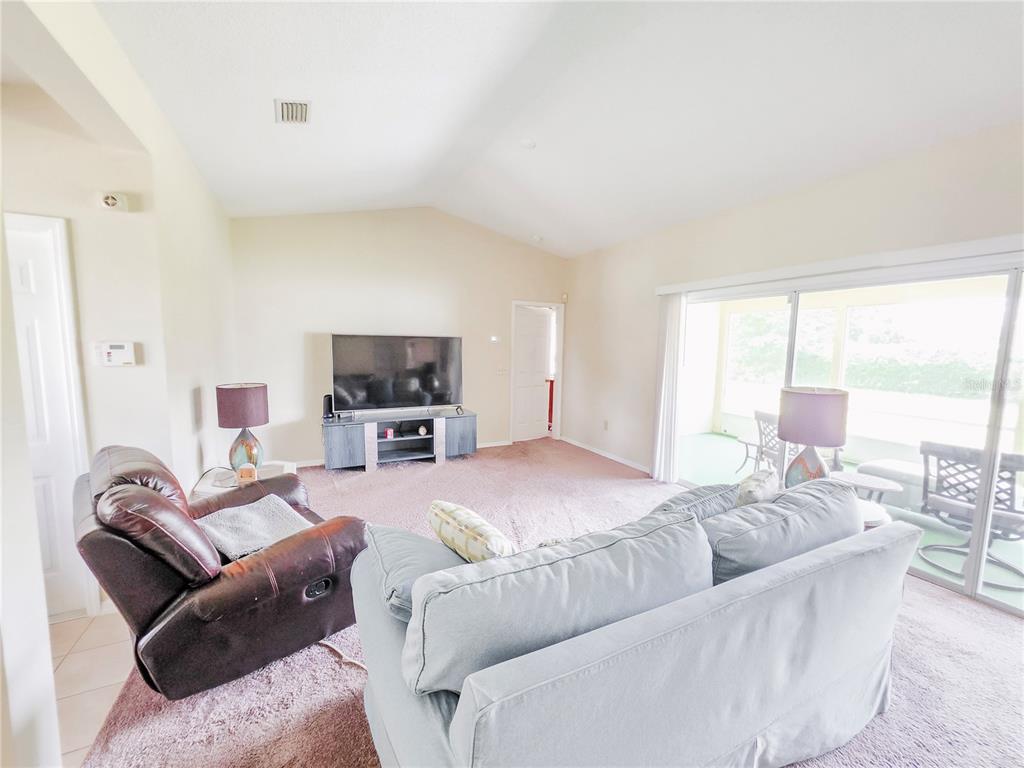 A living room features a vaulted ceiling, carpeted flooring, a television console, and sliding glass doors — 29 FREEMONT TURN, PALM COAST, FL