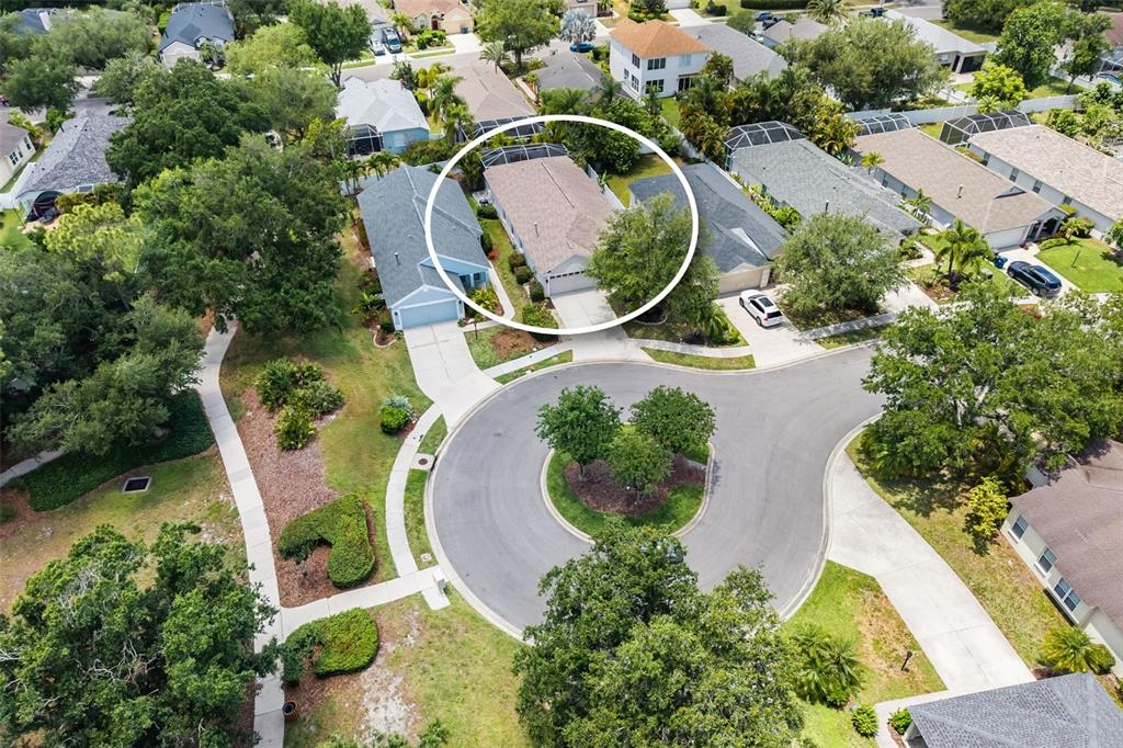 An aerial view shows a single-story house with a screened-in pool enclosure in a neighborhood — 6226 BLUEFLOWER COURT, LAKEWOOD RANCH, FL