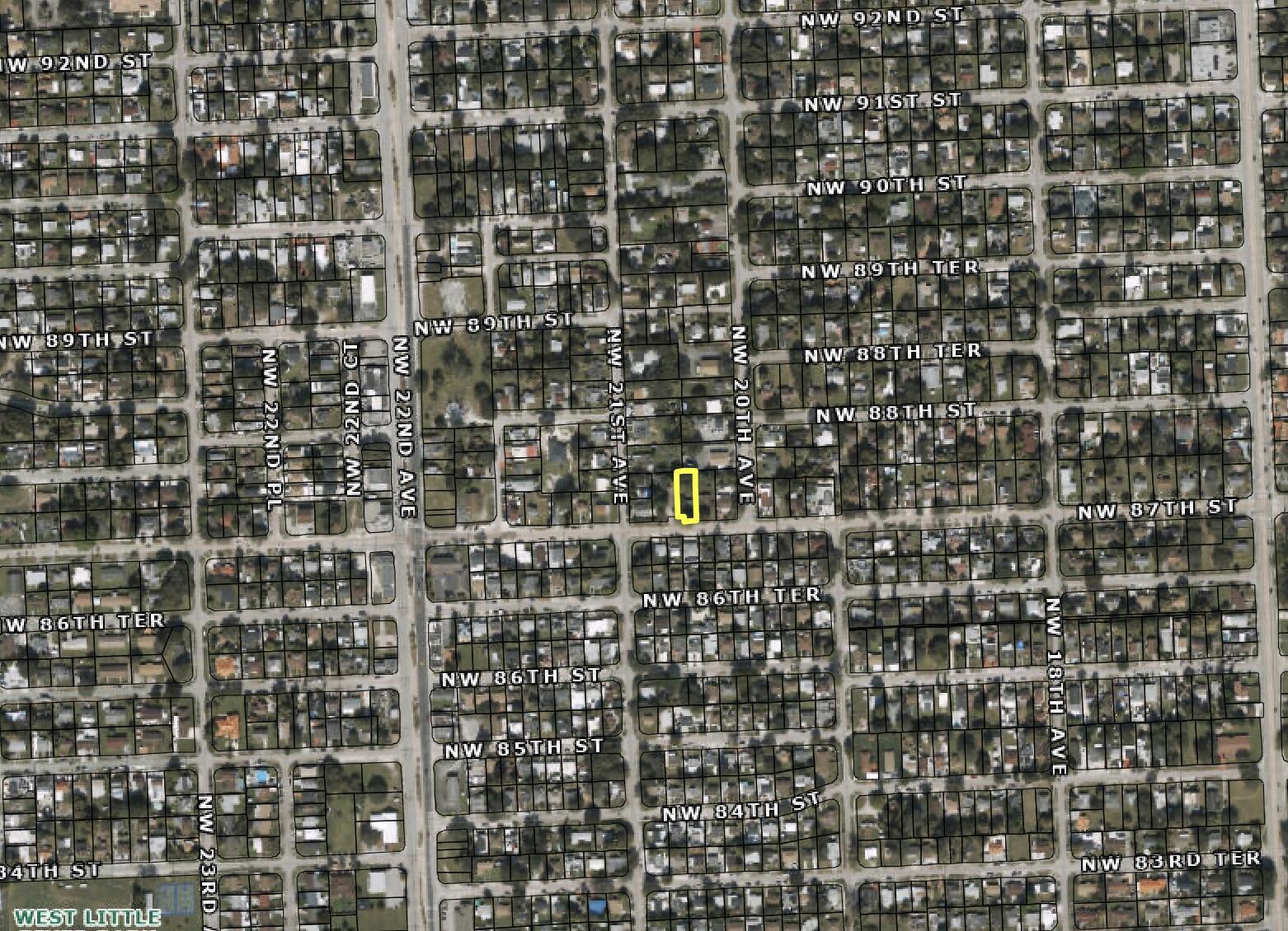 This is an aerial map view of a residential neighborhood with a highlighted property — 2021 NW 87th Street, Miami FL 33147, MIAMI, FL