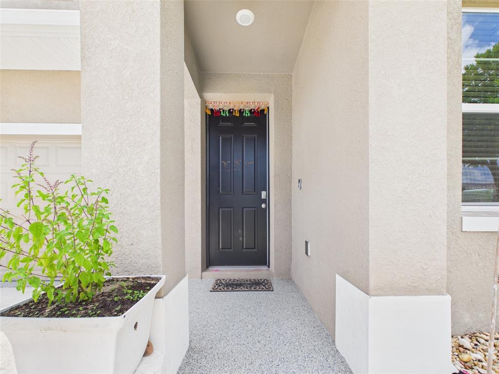 A black front door is set within a recessed entryway with a light-colored stucco exterior — 5962 SW 80TH LN, OCALA, FL