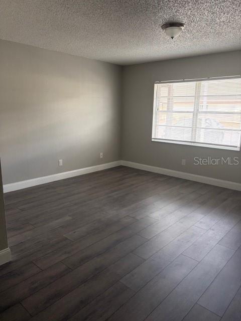 An empty room with gray walls, dark wood-look flooring, and a window with white blinds — 24862 N US HIGHWAY 19 UNIT 803, CLEARWATER, FL