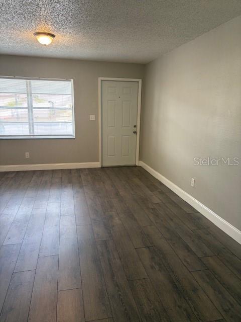 An empty room features gray walls, wood-look flooring, a window with blinds, and a door — 24862 N US HIGHWAY 19 UNIT 803, CLEARWATER, FL