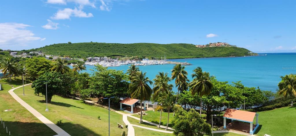 An elevated view shows a grassy park with palm trees, gazebos, and a marina bay — 100 AVENIDA MARINA VIEW DOS MARINAS CONDOMINIUM UNIT 303, FAJARDO, PR