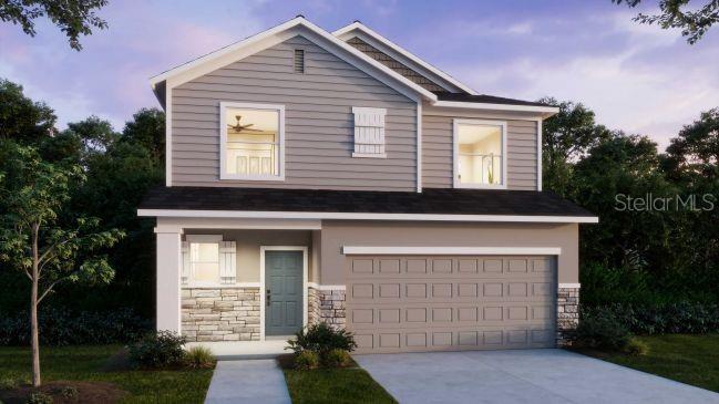 A digital rendering of a two-story suburban house with gray siding, stone accents, and garage — 57 ENCLAVE AVENUE, PALM COAST, FL