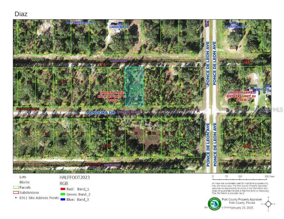 This is a property tax map showing land parcels, lot numbers, and street names — 408 PANDORA DRIVE, INDIAN LAKE ESTATES, FL