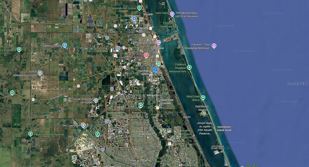 This is a satellite map showing the Fort Pierce and Port St. Lucie coastal area — 3225 S 7TH STREET, FORT PIERCE, FL