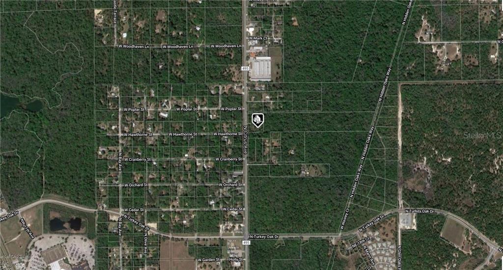 This is an aerial map view of a residential area with wooded lots and streets — 3865 N CITRUS AVENUE, CRYSTAL RIVER, FL