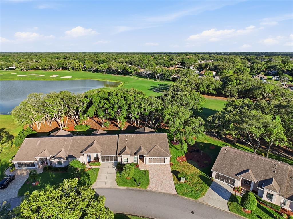 An aerial view shows two houses with shingled roofs situated near a lake and golf course — 7442 WOODHOLLOW ROAD, SPRING HILL, FL
