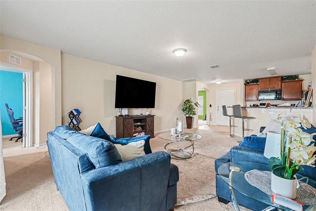 A living room features blue sofas, a television on a wooden stand, and an open kitchen — 6719 WIREVINE DRIVE, BROOKSVILLE, FL
