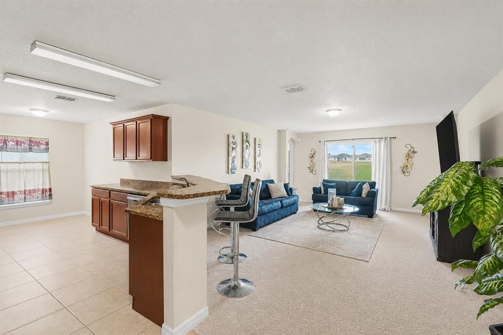 A kitchen with a breakfast bar overlooks a living room featuring a blue sofa — 6719 WIREVINE DRIVE, BROOKSVILLE, FL