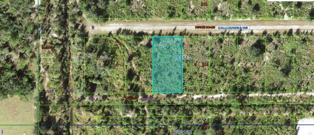 This is an aerial map view of a rectangular vacant lot bordering a dirt road — CALLIANDRA DRIVE, INDIAN LAKE ESTATES, FL