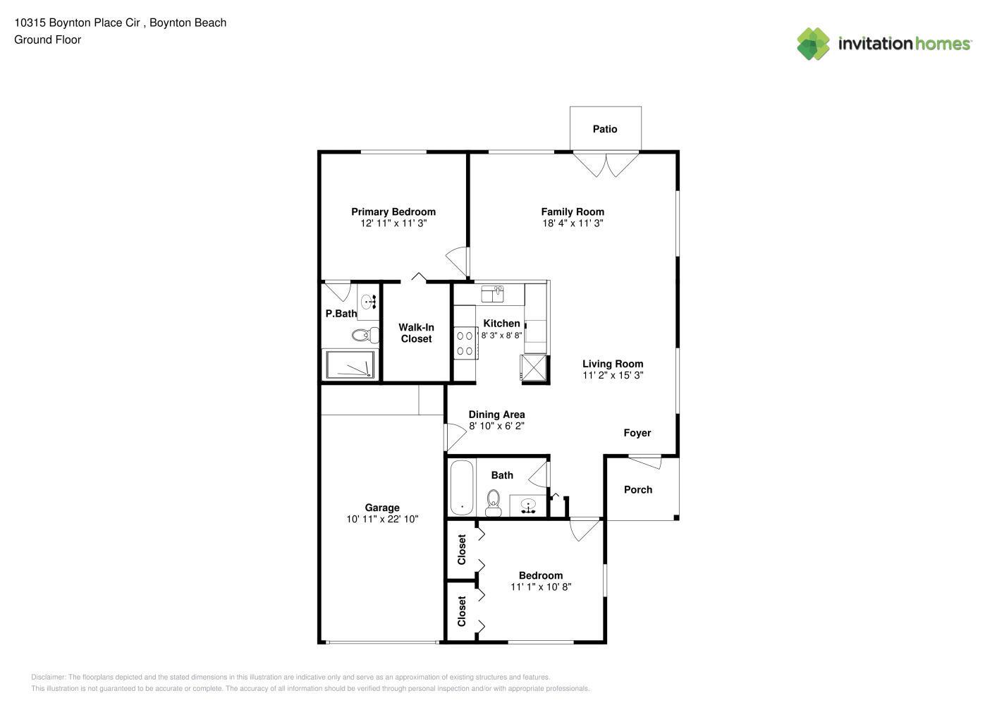 This is a floor plan for a ground-floor residential unit with two bedrooms and a garage — BOYNTON BEACH, FL