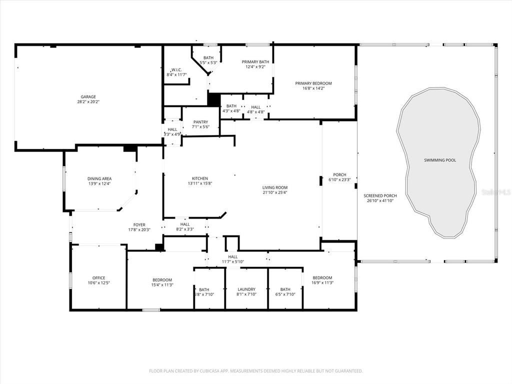 This is a floor plan of a house featuring a garage, pool, and screened porch — 19168 JALISCA STREET, VENICE, FL