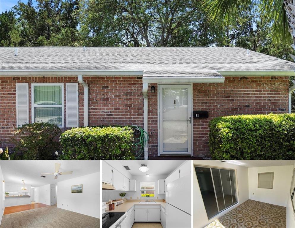 A collage showing a brick exterior, a living room, a white kitchen, and a sunroom — 3 FAIRWAY COURT, DELAND, FL