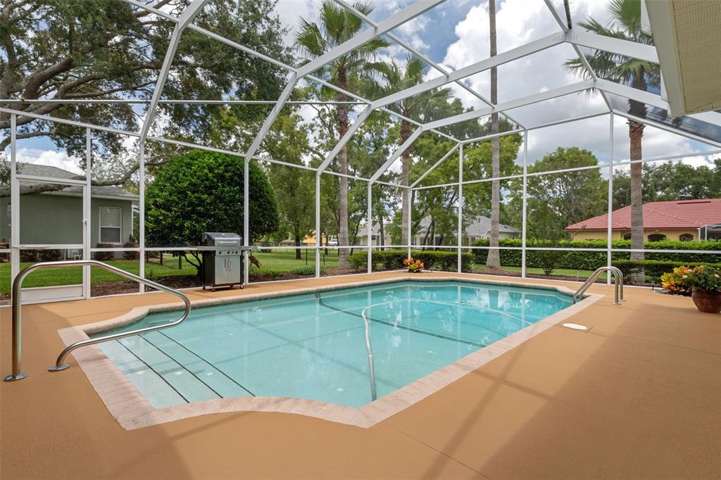 A swimming pool with a screened enclosure, tan deck, and a grill in a backyard setting — 13475 PRINCEWOOD COURT, SPRING HILL, FL