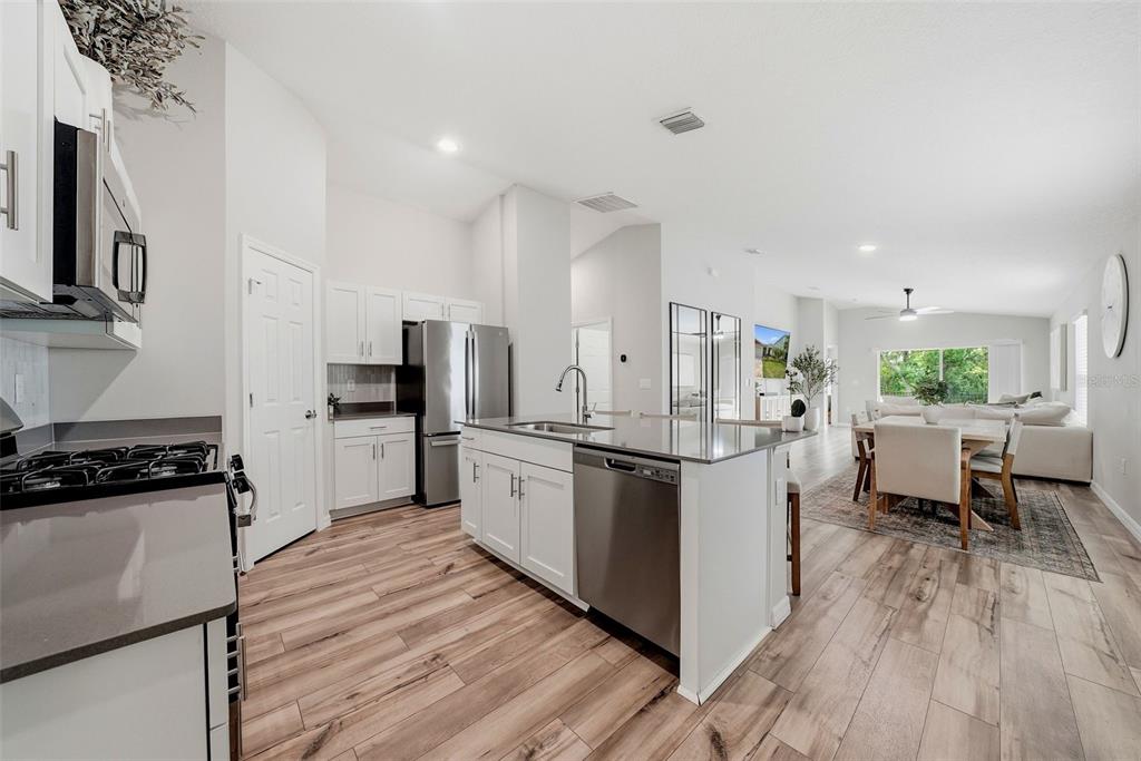 A modern kitchen with white cabinets, stainless steel appliances, and wood-look flooring — 5560 SUMMER SUNSET DRIVE, APOLLO BEACH, FL
