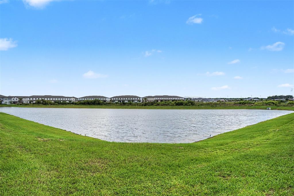 A wide view of a retention pond surrounded by green grass and suburban houses — 10261 HONEY HAMMOCK WAY, SAN ANTONIO, FL