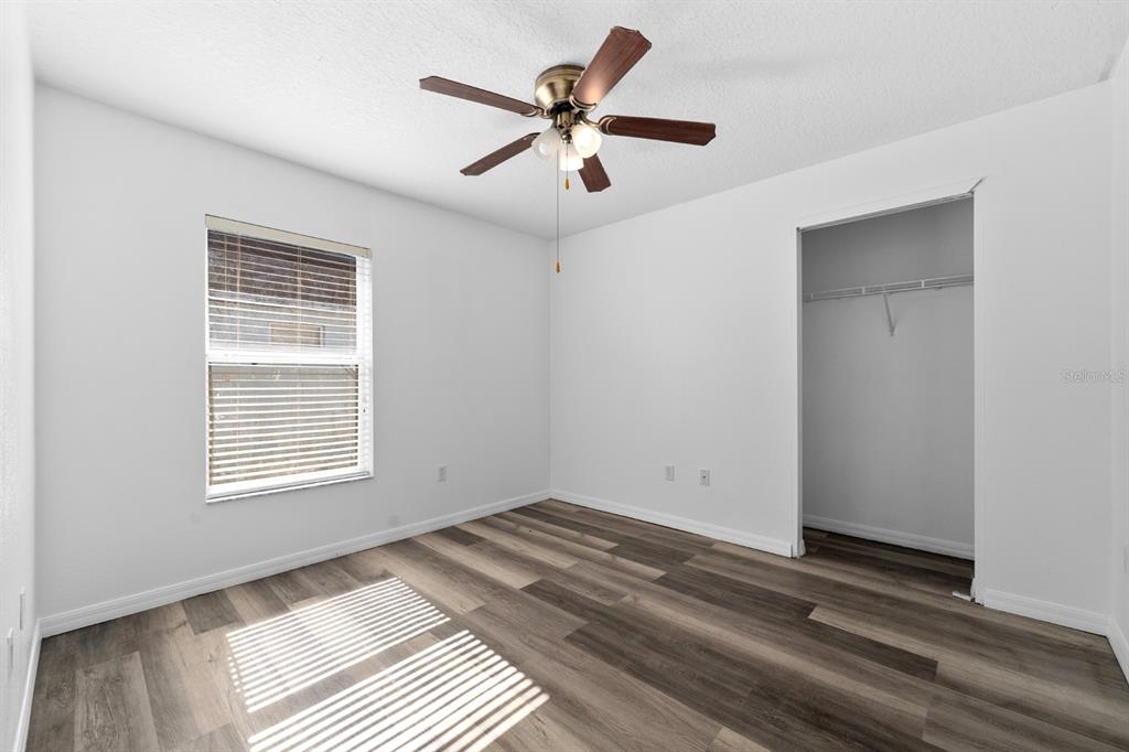 An empty bedroom features white walls, wood-look flooring, a ceiling fan, and a walk-in closet — 3609 TRAPNELL GROVE LOOP, PLANT CITY, FL