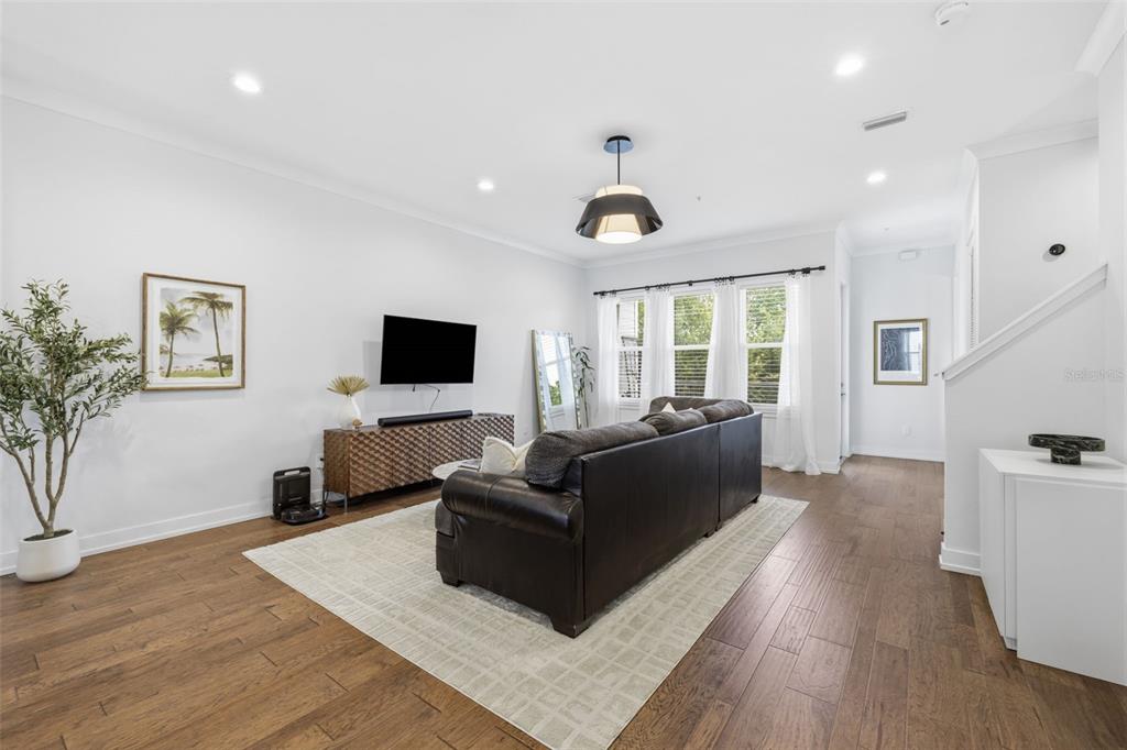 A living room features dark wood floors, a brown sofa, and a wall-mounted television — 2442 W MISSISSIPPI AVENUE UNIT 1, TAMPA, FL