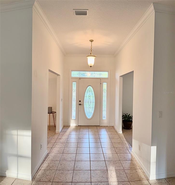 A tiled entryway features a white front door with decorative glass panels and a chandelier — 3701 W ANTHONY ROAD, OCALA, FL