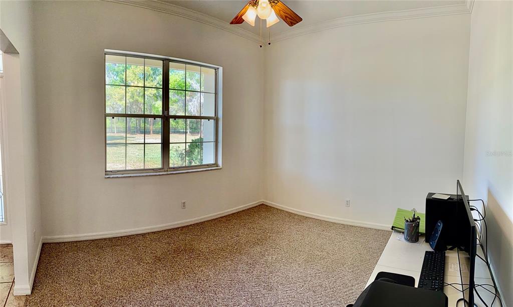 A home office with beige carpet, a folding desk, and a ceiling fan — 3701 W ANTHONY ROAD, OCALA, FL