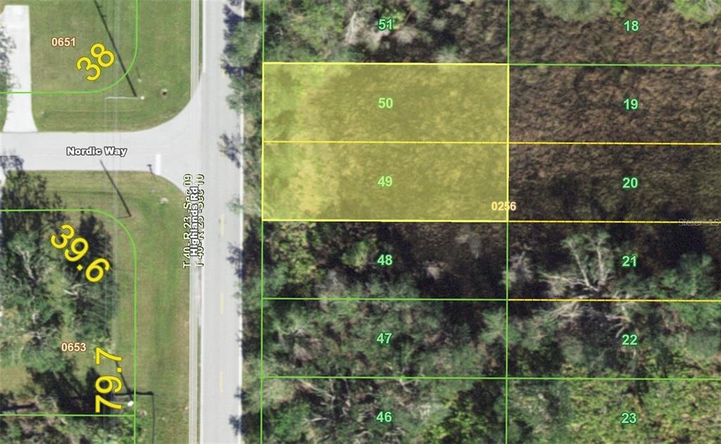 This is a satellite map showing two highlighted adjacent land parcels numbered 49 and 50 — 1078 HIGHLANDS ROAD, PUNTA GORDA, FL