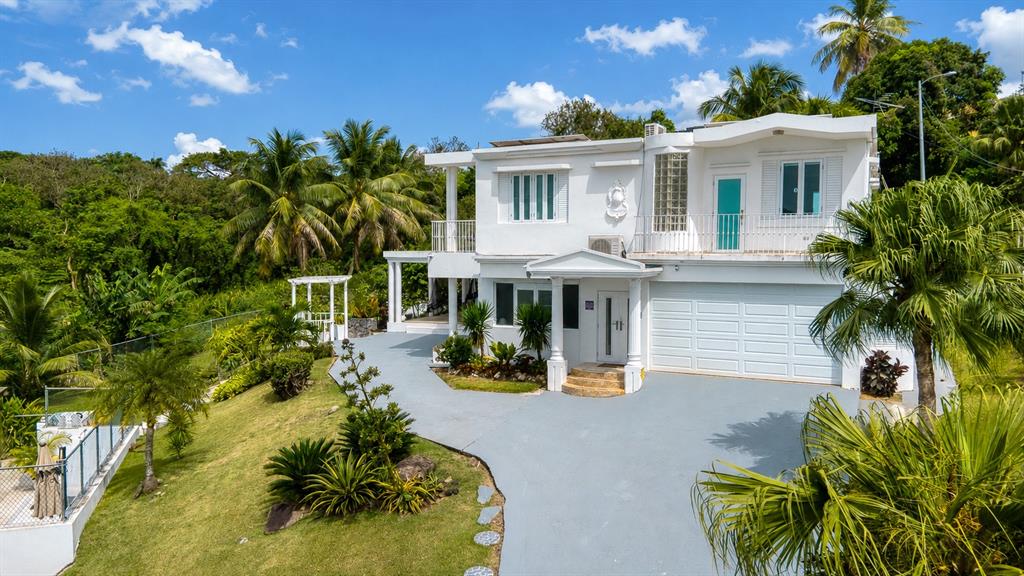 A two-story white house with a large driveway, palm trees, and a lush green hillside — Km 25 Hm 9 Carr 3 JIMENEZ 4E, RIO GRANDE, PR