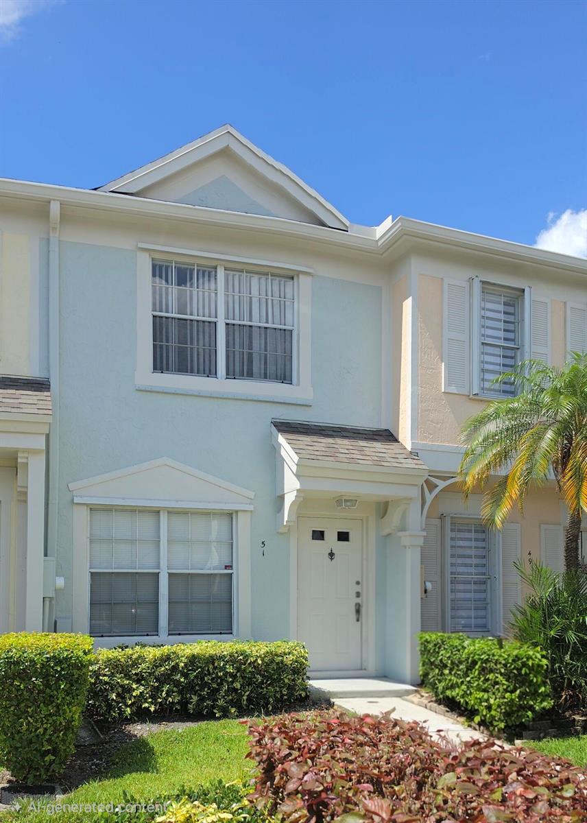 A two-story townhouse with light blue stucco siding, a white front door, and manicured hedges — 51 Whitehead Circle # 51, Weston FL 33326, WESTON, FL
