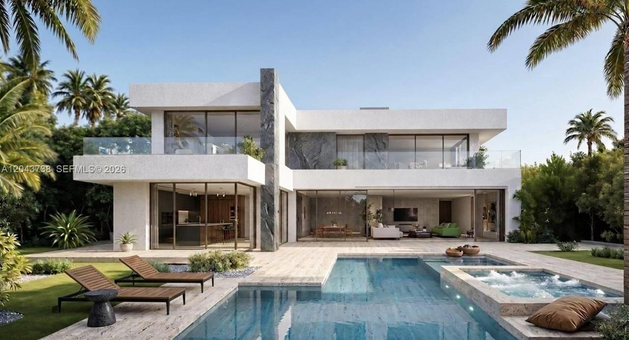 This is a rendering of a modern two-story house with a pool and patio — 0 villa dumai, FL
