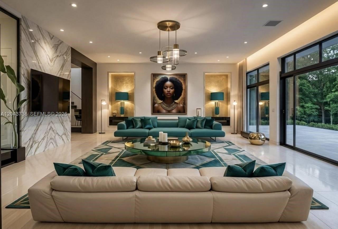 This is a rendering of a modern living room featuring a teal sofa and artwork — 0 villa dumai, FL