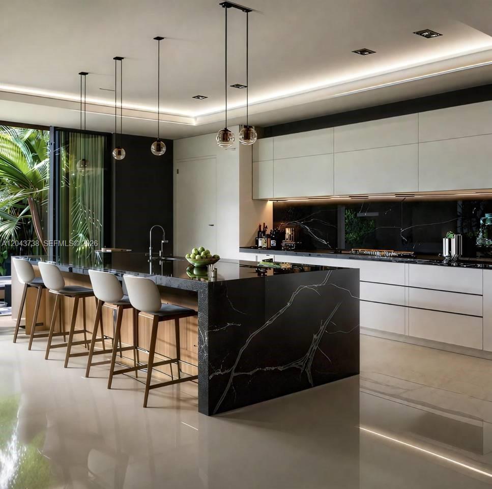 A modern kitchen features a black marble island, white cabinetry, and pendant lighting — 0 villa dumai, FL