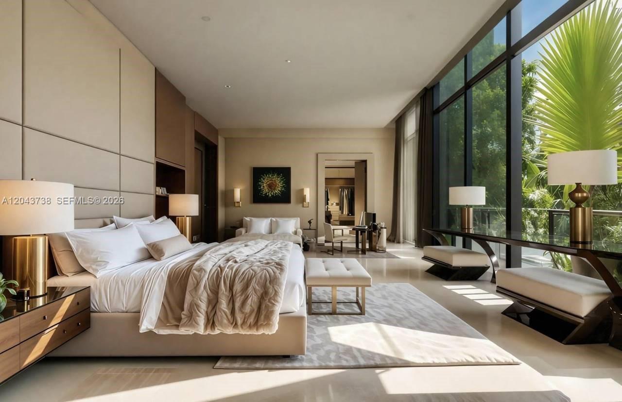 This is a rendering of a modern bedroom with floor-to-ceiling windows and neutral decor — 0 villa dumai, FL