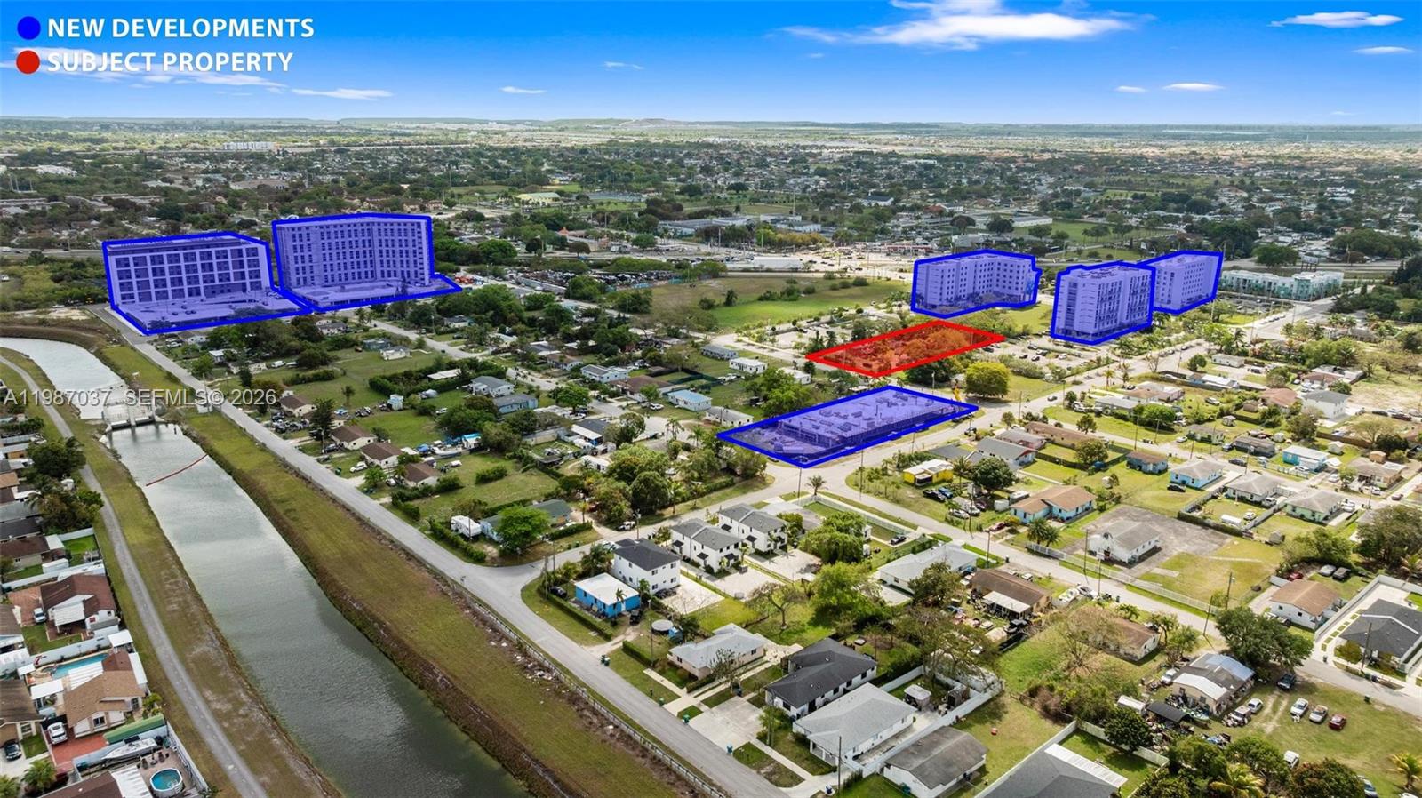 An aerial view shows a residential neighborhood with highlighted new developments and a subject property — 11870 SW 214th St, Miami FL 33177, MIAMI, FL