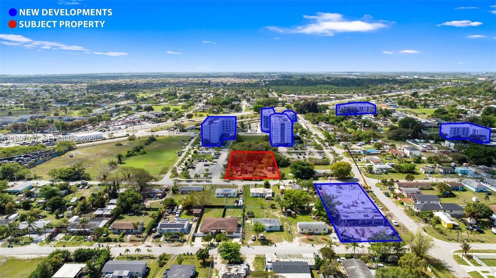 An aerial view shows a vacant lot highlighted in red surrounded by residential developments — 11870 SW 214th St, Miami FL 33177, MIAMI, FL