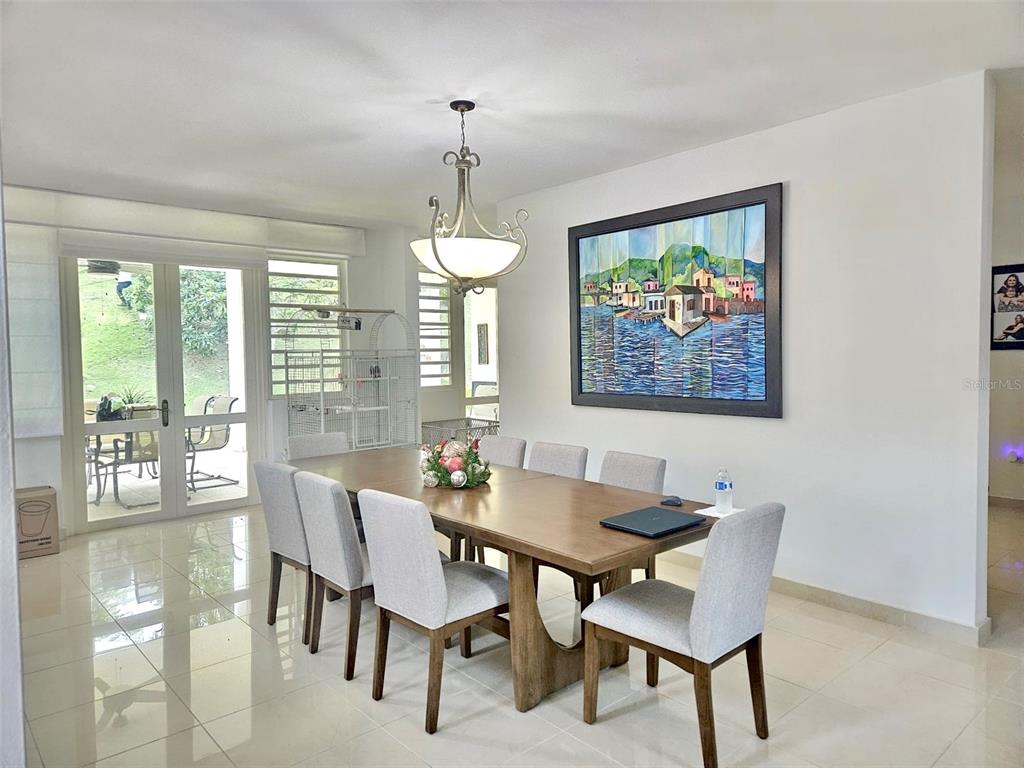 A dining room features a wooden table, six chairs, a chandelier, and a large painting — H 11 CAGUAS REAL, TORRES DEL ORO, CAGUAS, PR