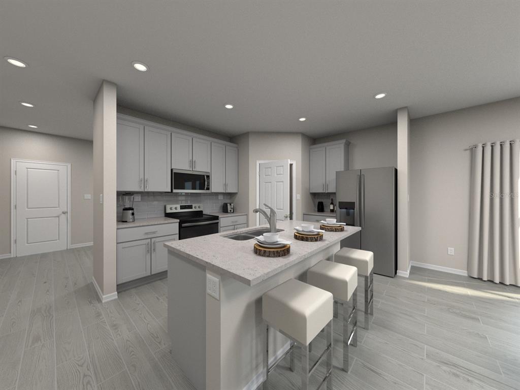This is a digital rendering of a modern kitchen with gray cabinets and a central island — 1796 COOLRIDGE PLACE, ZEPHYRHILLS, FL