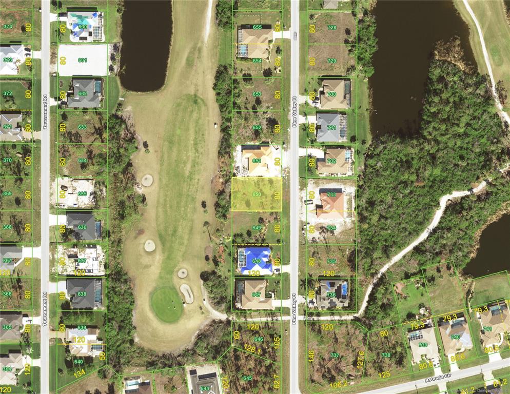 This is an aerial map showing residential lots and a golf course — 10 PINE VALLEY PLACE, ROTONDA WEST, FL