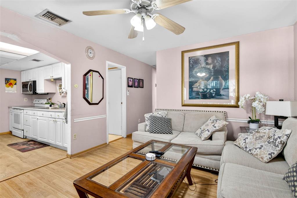 A living room with light pink walls, a beige sofa, and an adjacent white kitchen — 1417 W YUKON STREET, TAMPA, FL