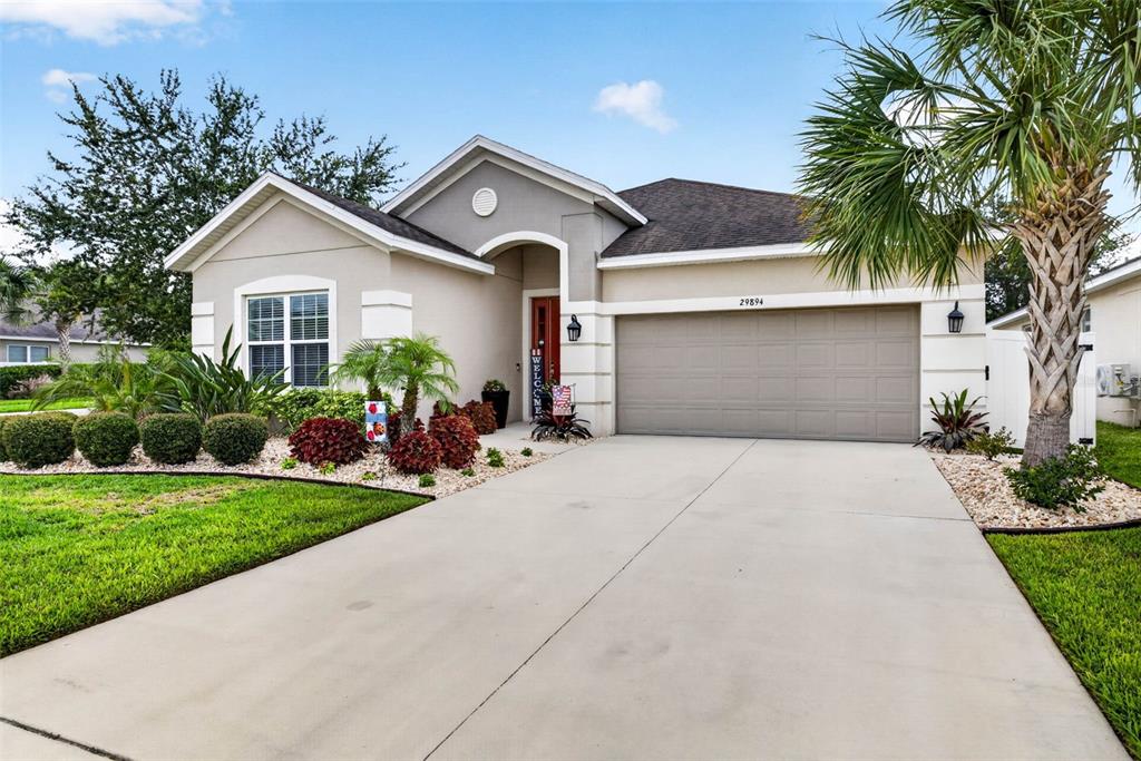 A single-story house with a beige exterior, a two-car garage, and a landscaped front yard — 29894 CHAPEL CHASE DRIVE, WESLEY CHAPEL, FL