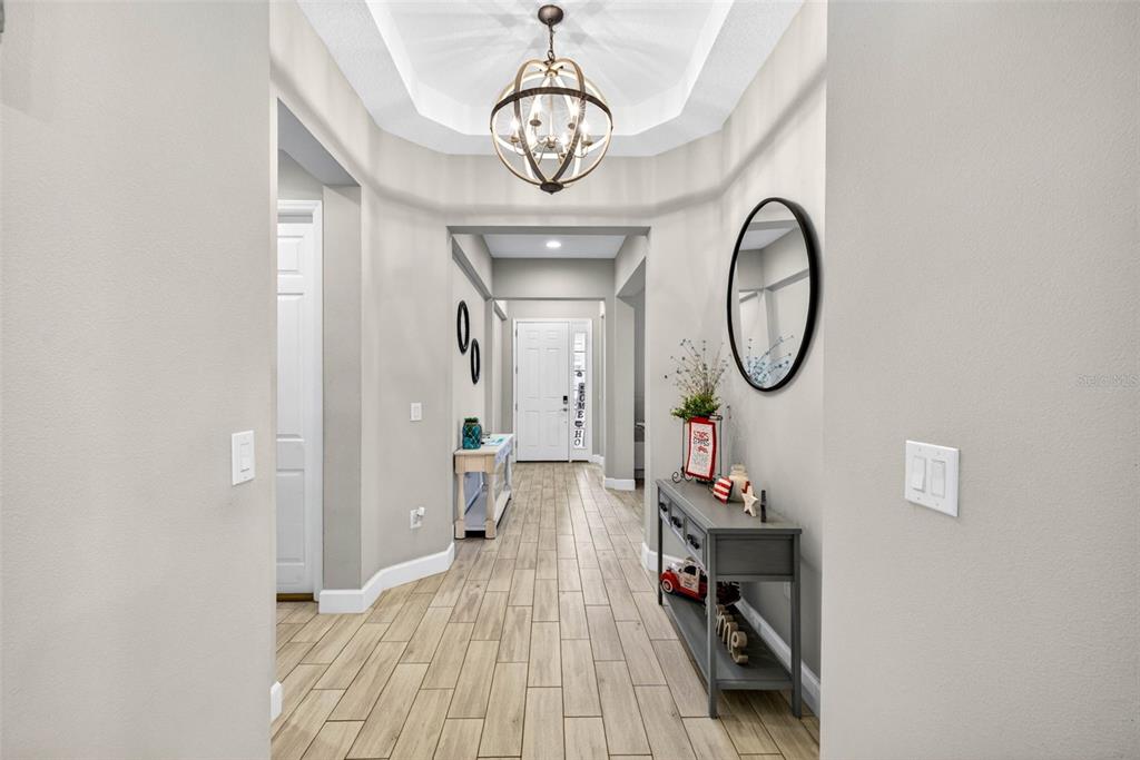 A bright entryway features a tray ceiling, a chandelier, wood-look tile flooring, and console tables — 29894 CHAPEL CHASE DRIVE, WESLEY CHAPEL, FL