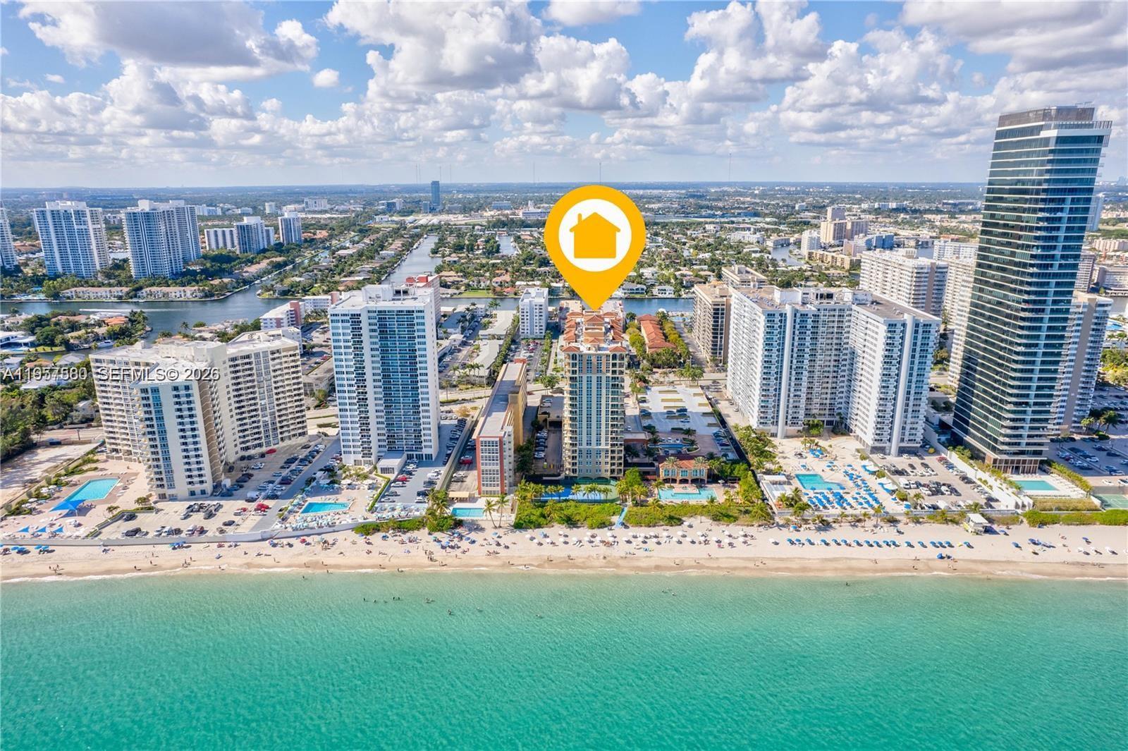 An aerial view shows a beachfront high-rise condominium building marked with a yellow location icon — 2080 S Ocean Dr # 506, Hallandale Beach FL 33009, HALLANDALE BEACH, FL