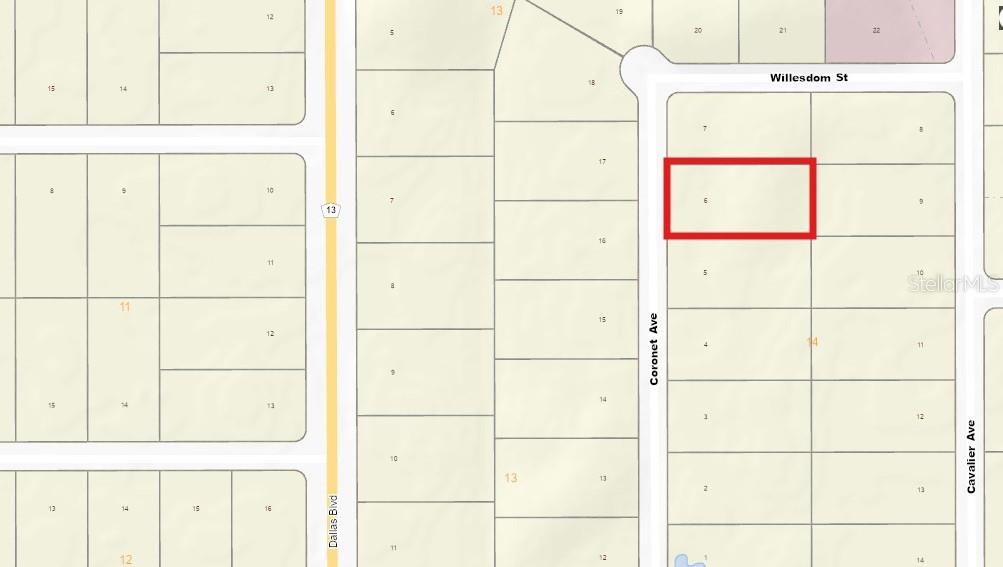This is a map showing a highlighted rectangular land parcel located between Coronet Avenue and Cavalier Avenue — 0 CORONET AVENUE, ORLANDO, FL