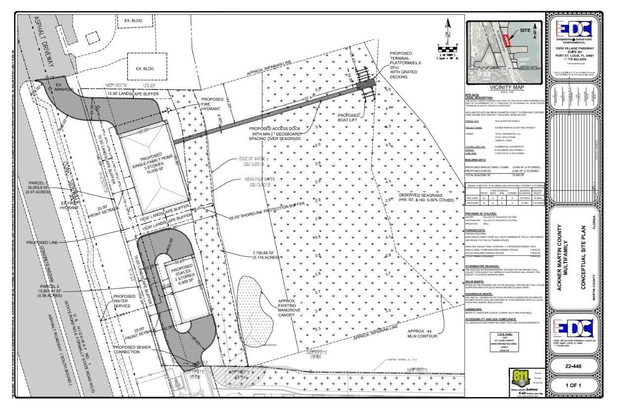 This is a conceptual site plan showing proposed residential buildings, docks, and landscaping on a lot — 0000 SE Federal Highway, Jupiter FL 33469, JUPITER, FL