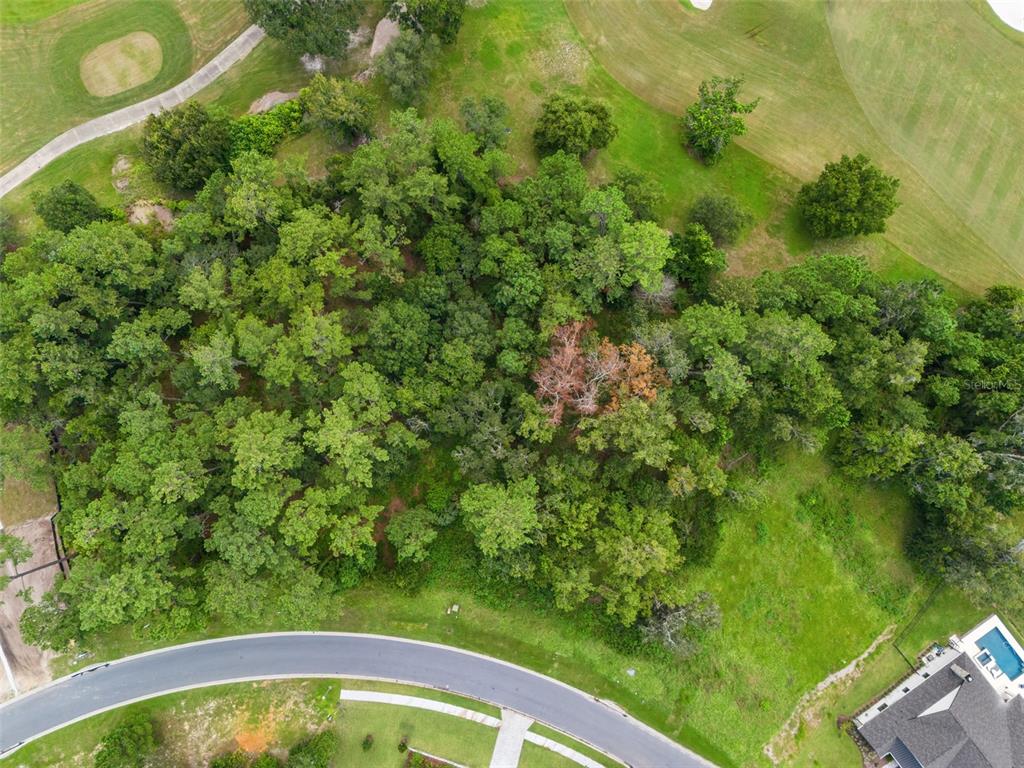 An aerial view shows a wooded residential lot situated between a curved road and a golf course — 5979 CREEK RIDGE ROAD, BROOKSVILLE, FL