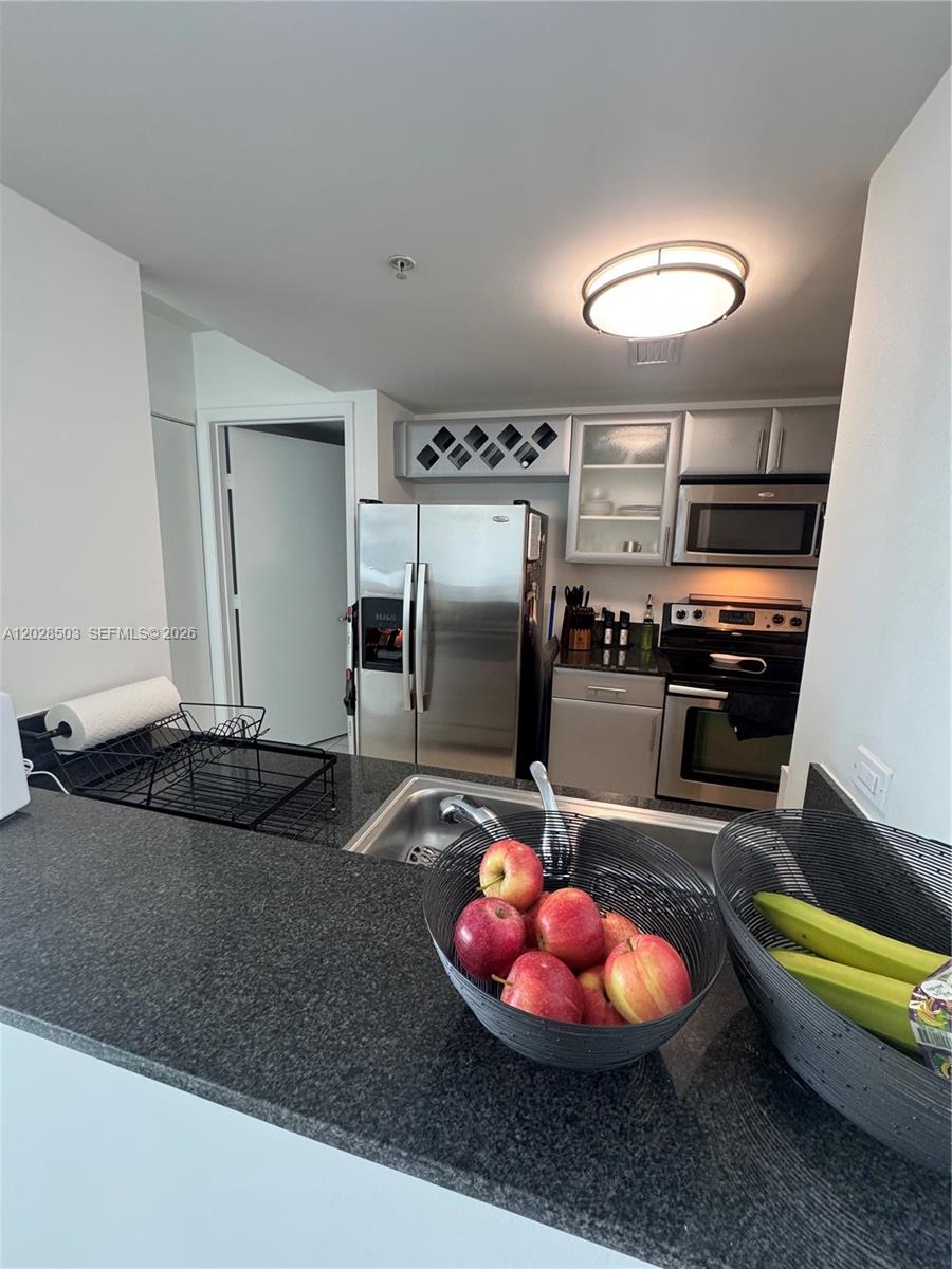 A kitchen features stainless steel appliances, dark granite countertops, and a bowl of apples — 1861 NW S River Dr # 2201, Miami FL 33125, MIAMI, FL