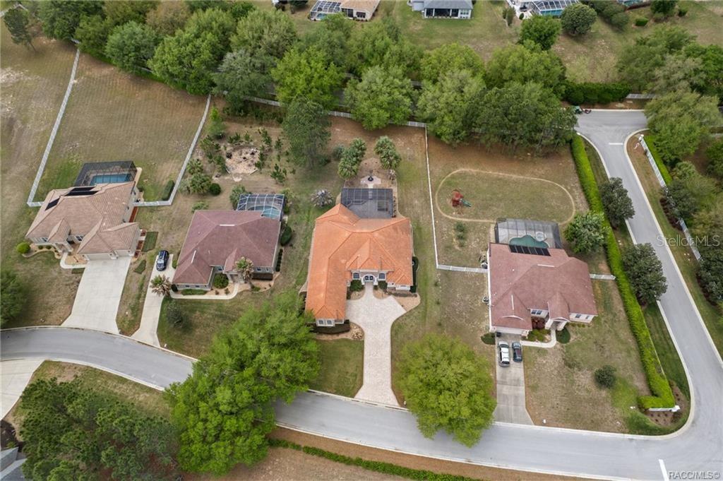An aerial view shows four suburban houses with pools and driveways surrounded by trees and lawns — 291 S PALADINN CIRCLE, INVERNESS, FL