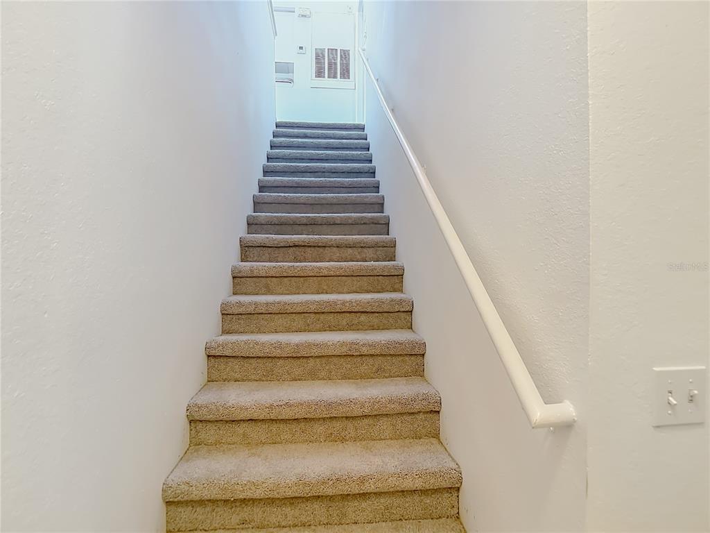 A carpeted staircase with a white handrail leads to an upper landing — 36106 LAKE CHASE BOULEVARD Unit 201, ZEPHYRHILLS, FL